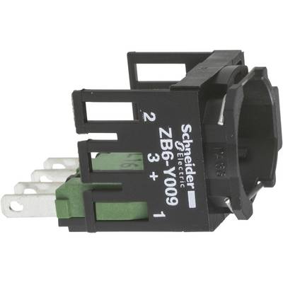 'Seitlicher Blick auf einen schwarzen, rechteckigen Schalter von Schneider Electric mit grünen Kontakten und der Beschriftung ZB6-Y009.'