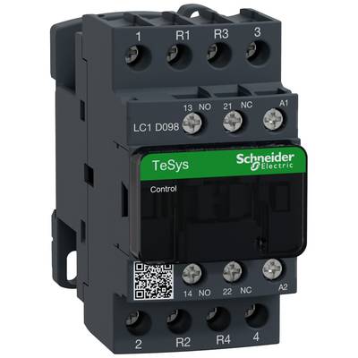 Elektronischer Schütz von Schneider Electric, Modell TeSys. Schwarzes Gehäuse mit grüner Beschriftung und QR-Code.