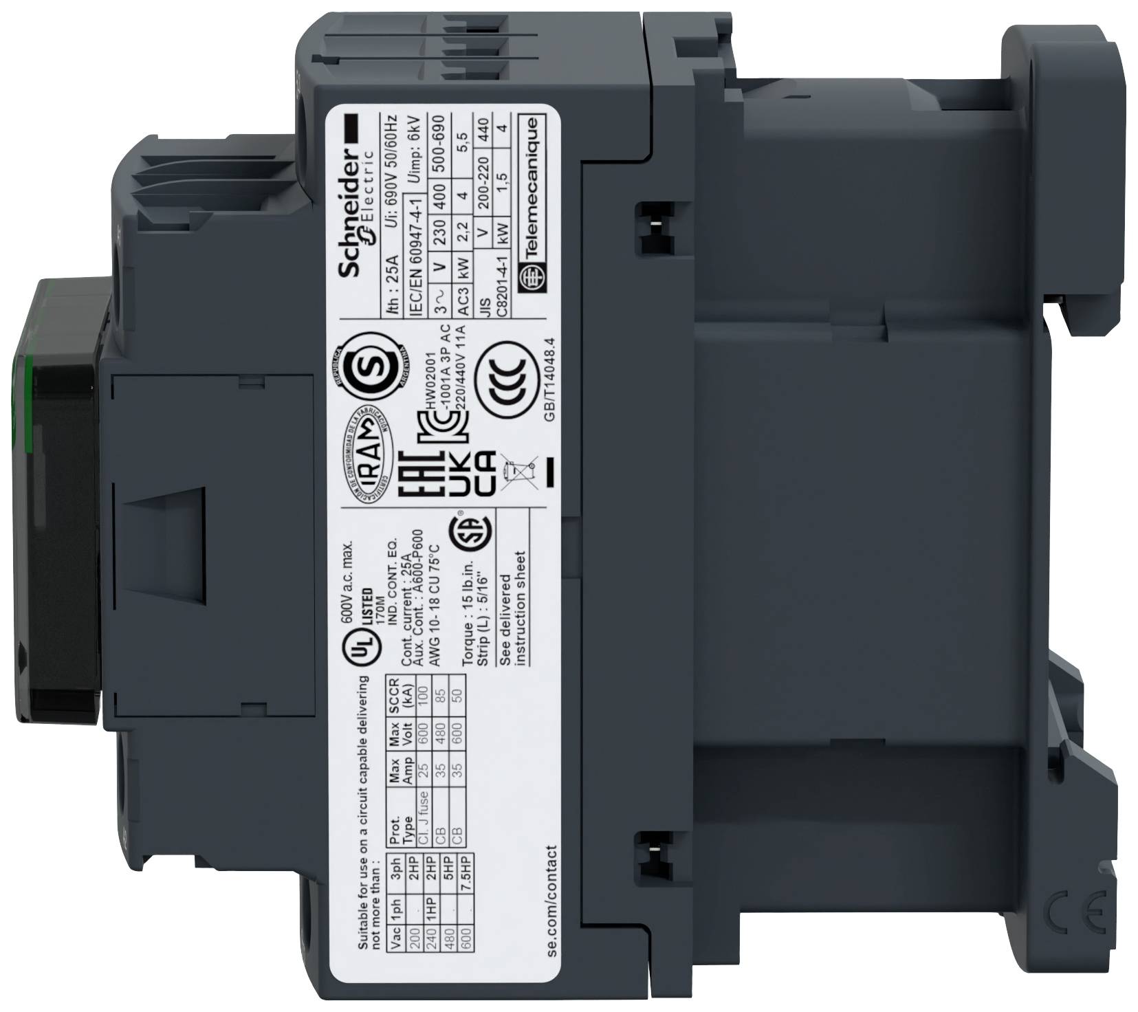 Elektrischer Leistungsschalter von Schneider Electric, Modellnummer und Spezifikationen auf dem Etikett sichtbar, dunkelgraue Farbe.