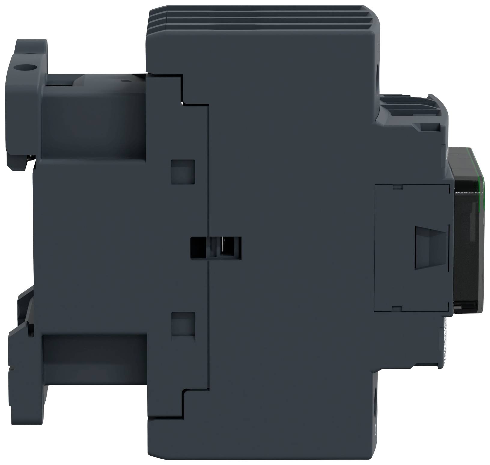 'Seitliche Ansicht eines schwarzen elektrischen Schalters oder Relais in einem kompakten, blockförmigen Design.'