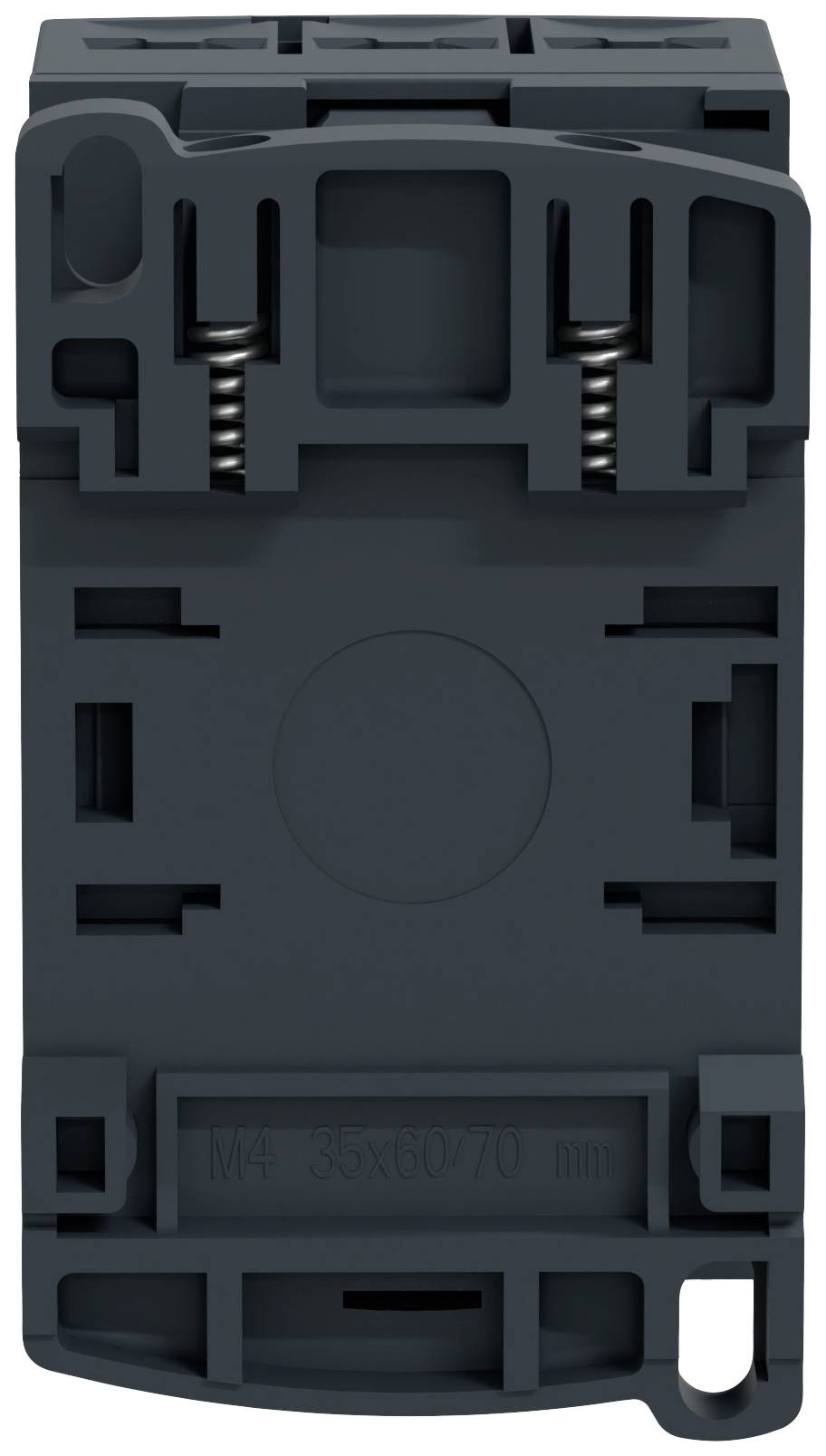 Schwarzes Kunststoffgehäuse mit zwei Metallfedern, rechteckige Form, gerillte Oberfläche, möglicherweise ein elektrisches Bauteil.