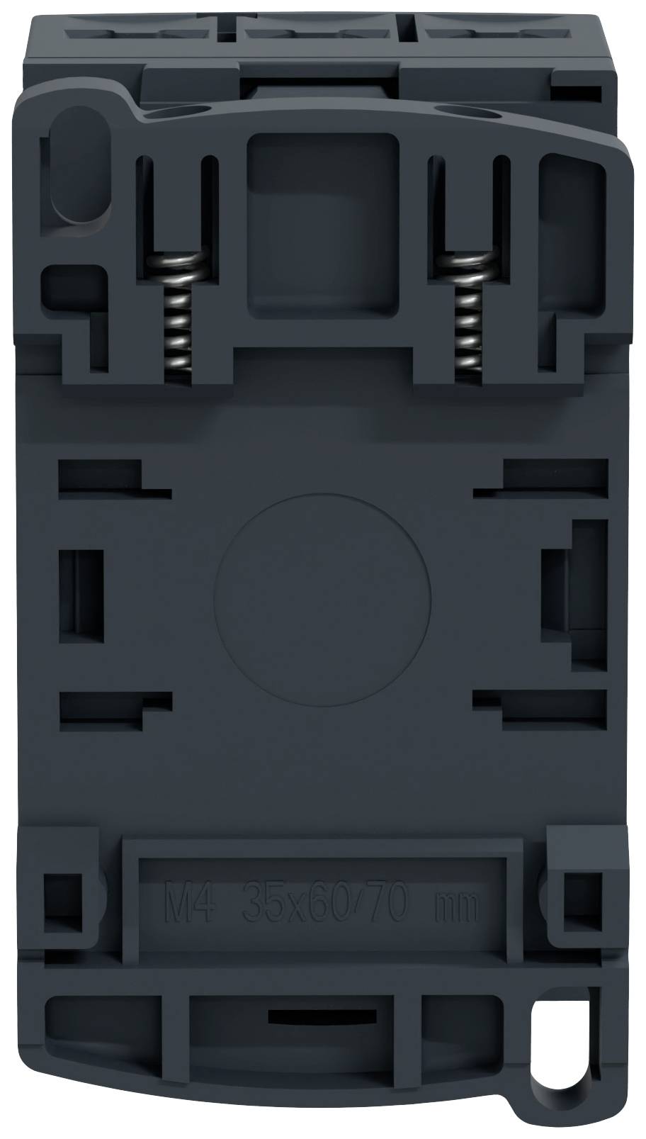 Ein schwarzer plastikähnlicher Klemmbaustein, möglicherweise ein elektrisches Zubehörteil, mit zwei sichtbaren Federn und Klemmen.