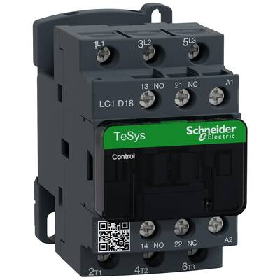 Schütz von Schneider Electric, Modell TeSys. Dunkles Gehäuse mit grünem Etikett. Klemmen oben und unten sichtbar. QR-Code vorhanden.