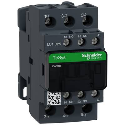 Schütz von Schneider Electric der Serie TeSys, Modell LC1D25, mit mehreren Anschlussklemmen. Es hat ein QR-Code auf der Vorderseite.