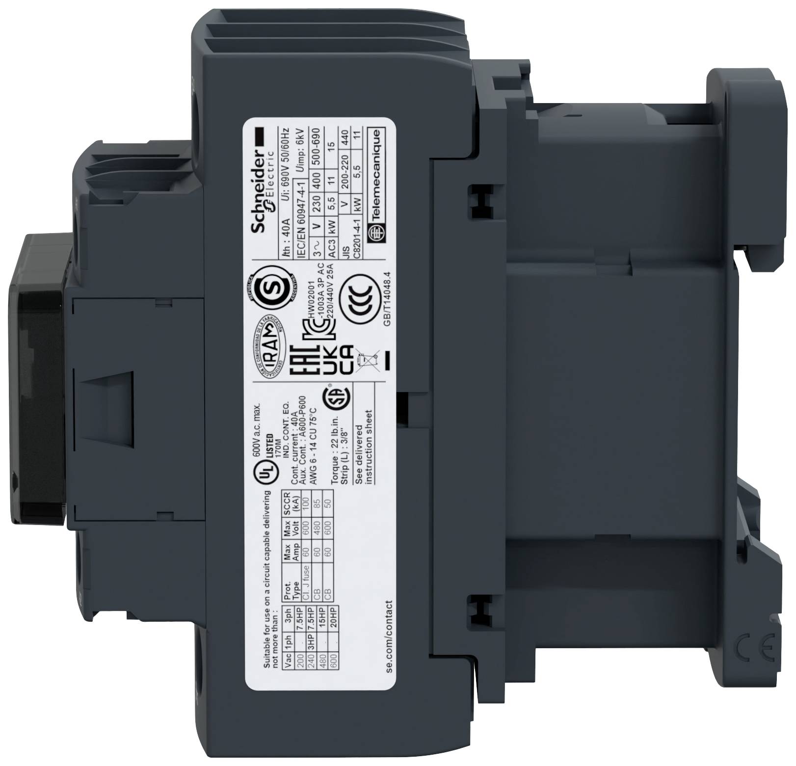 Grauer elektrischer Leistungsschalter mit Produktetikett; verschiedene Zertifizierungszeichen sichtbar.