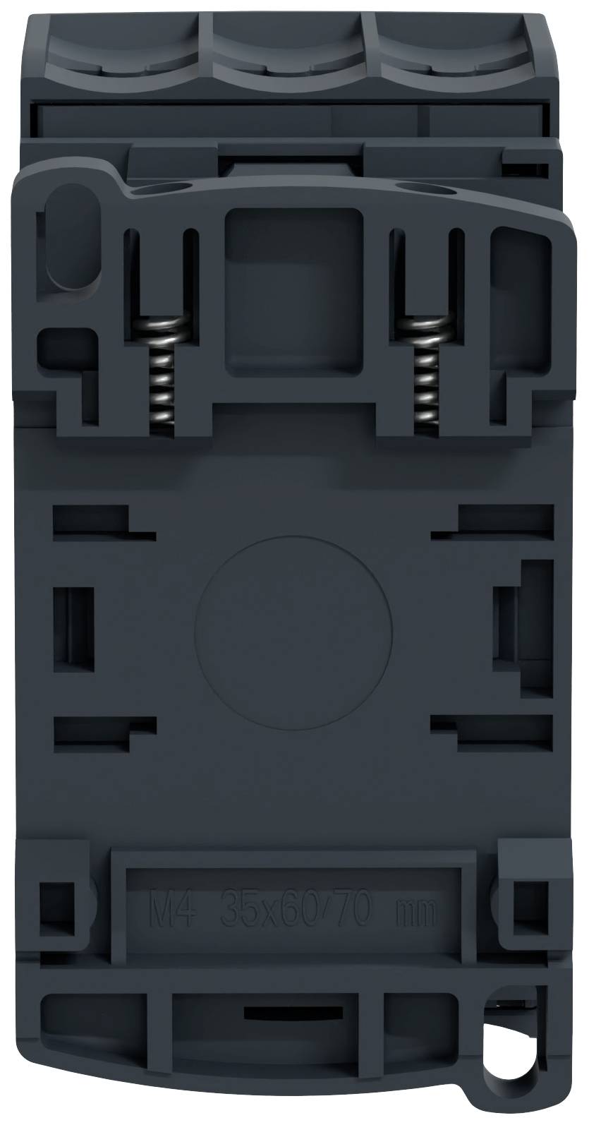 Ein schwarzes elektrisches Bauteil, rechteckige Form, mit zwei Federn sichtbar. Es scheint ein Halterungselement für Kabel zu sein.