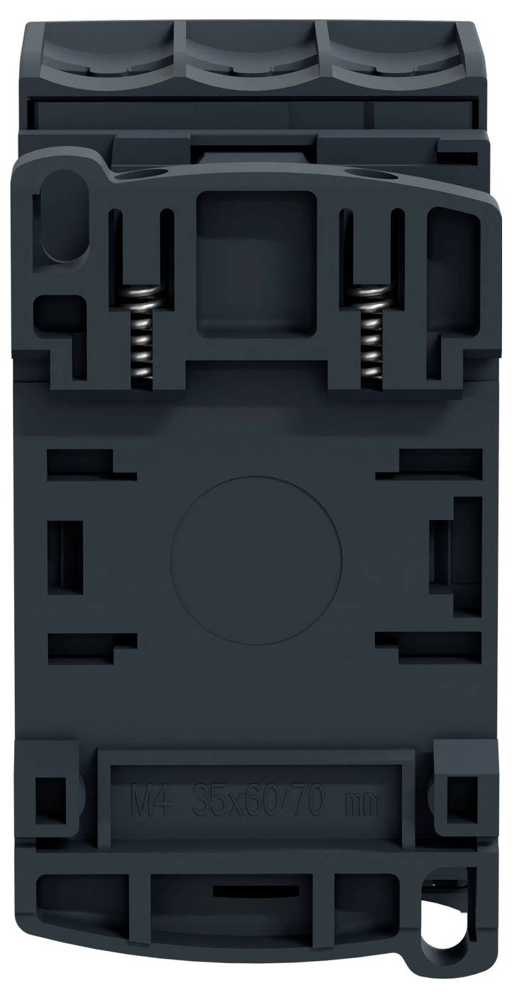 Eine schwarze elektrische Komponente mit Montagebügeln, sichtbaren Federn und einer kreisförmigen Zentralform, konzipiert für den industriellen Einsatz.