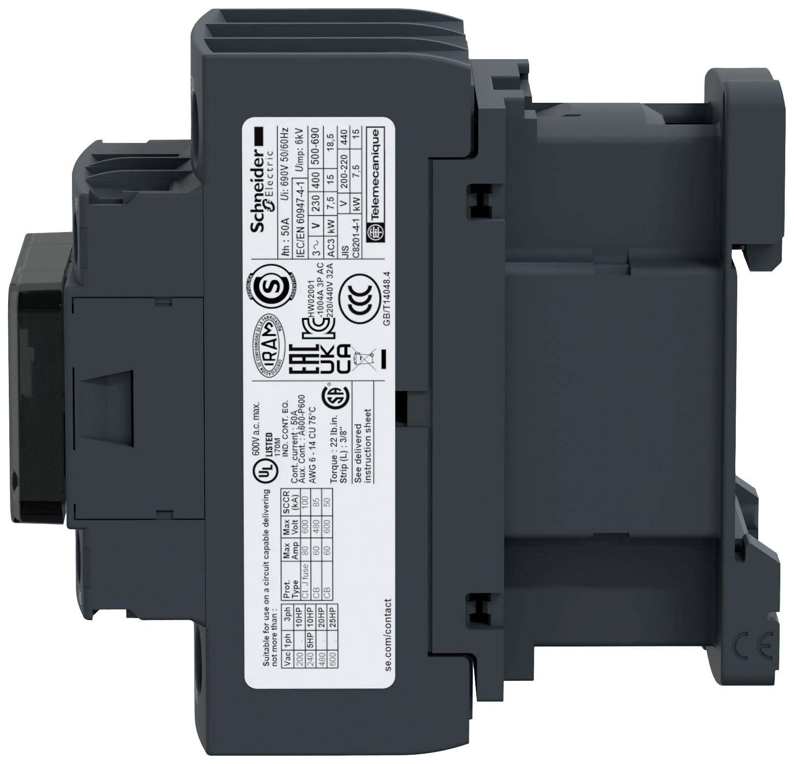 Ein elektrisches Gerät mit Beschriftungen, das von der Seite dargestellt wird. Enthält technische Spezifikationen und Prüfzeichen.