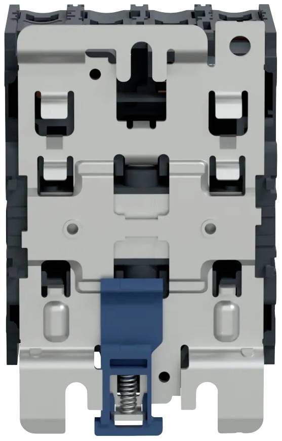 Ein graues elektrisches Schaltschütz mit blauen und schwarzen Elementen, dargestellt von vorn mit sichtbaren Kontaktpunkten und Anschlussklemmen.