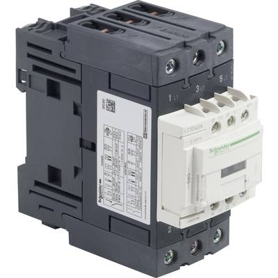 Ein Schütz, Modellnummer 'LC1D40A', mit vier Schraubklemmen oben. Herstellername auf der Vorderseite sichtbar. Links ist ein Schaltplan abgebildet.