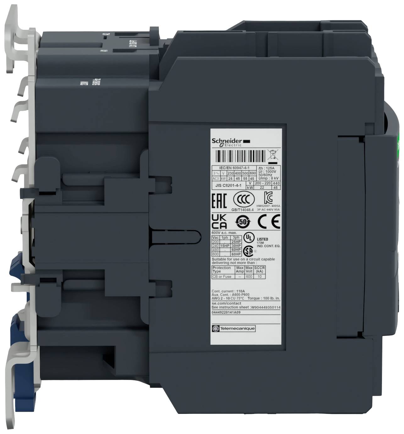 Seitenansicht eines elektrischen Leistungsschalters von Schneider Electric mit technischer Beschriftung und Etikett auf der Seite.