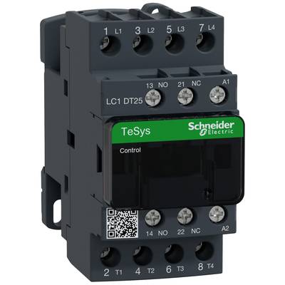 Ein schwarzes elektrisches Relais mit grüner Beschriftung 'TeSys Schneider Electric' und mehreren Anschlussklemmen auf der Oberseite.