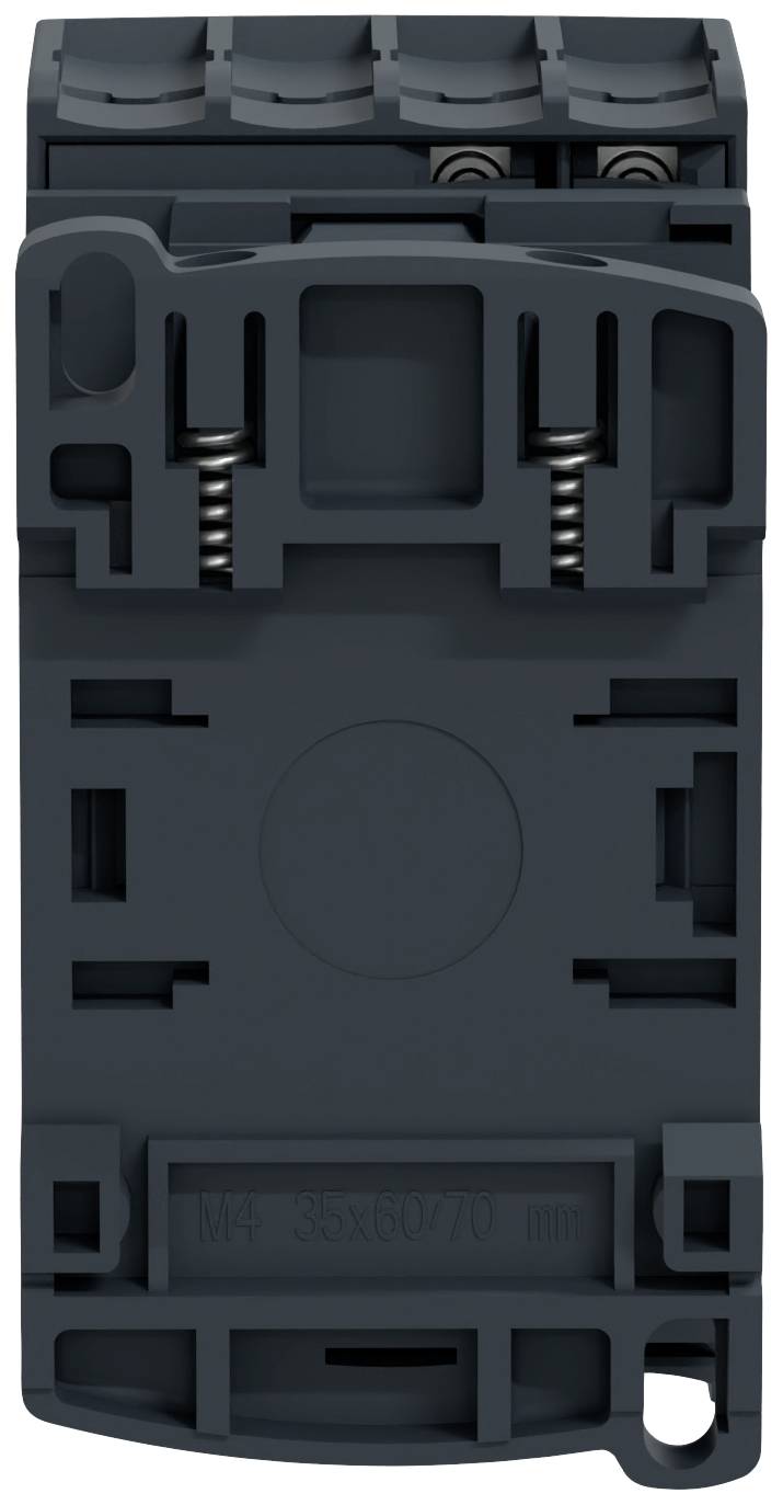 Ein schwarzes, rechteckiges technisches Bauteil mit Federmechanismus an beiden Seiten und mehreren Aussparungen.