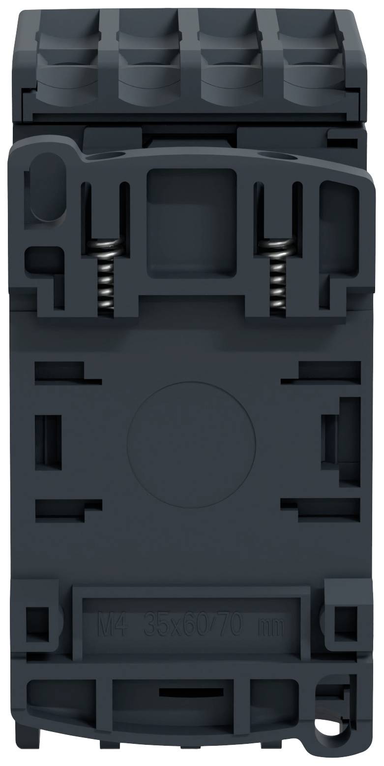 'Schwarzes elektrisches Bauteil in quadratischer Form mit mehreren Anschlussklemmen oben und Befestigungselemente an den Seiten.'