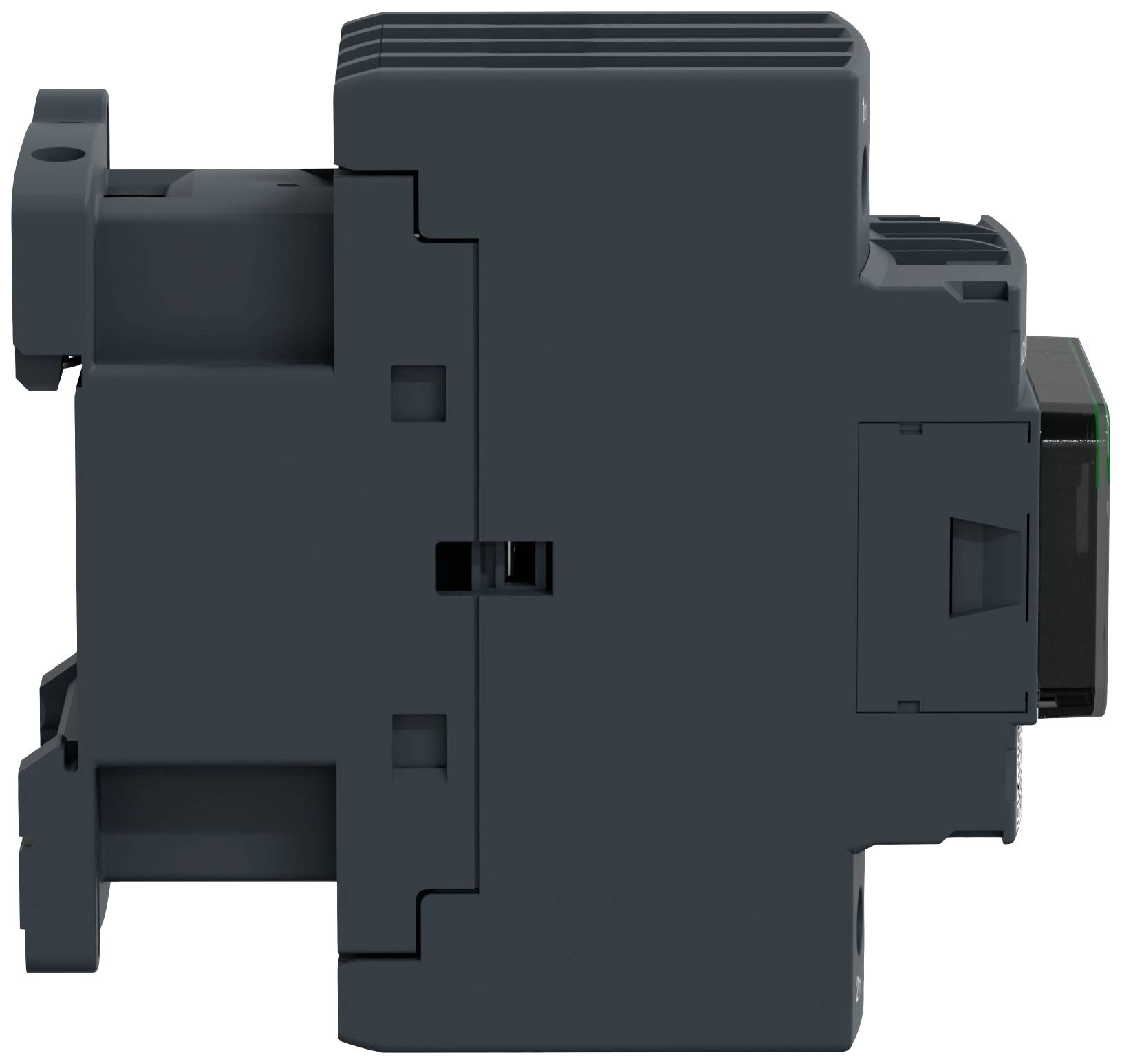 Ein schwarzes elektronisches Gerät mit kompaktem, rechteckigem Design, seitlich dargestellt.