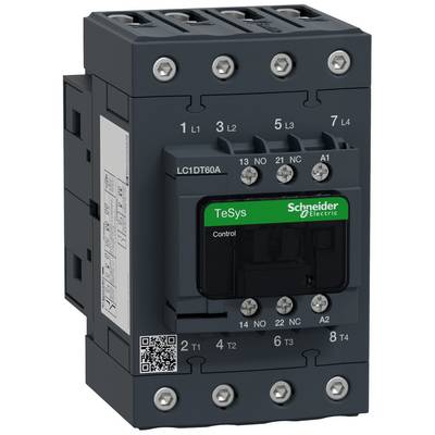 'Schütz von Schneider Electric, Modell LC1DT60A, mit 4-poligen Anschlüssen und grüner Beschriftung "TeSys" auf der Vorderseite.'