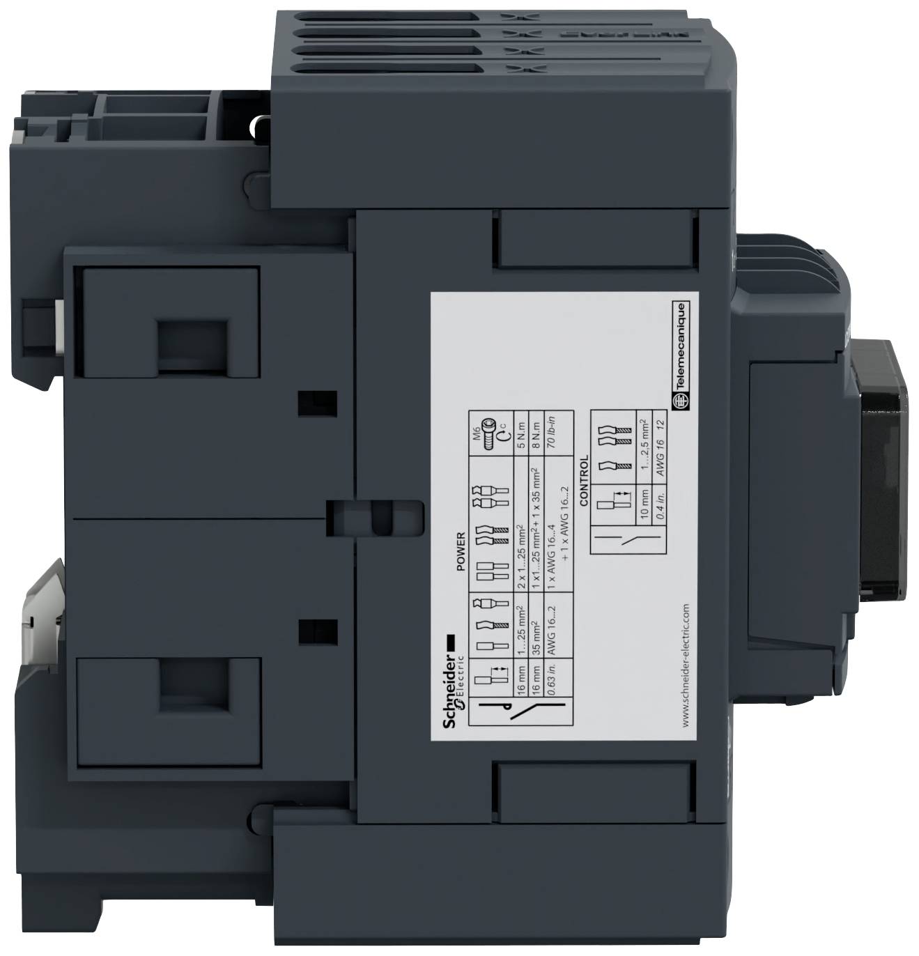 Ein graues elektrisches Gerät von Schneider Electric, seitlich abgebildet, mit einem weißen Label mit Schalt- und Installationsinformationen.