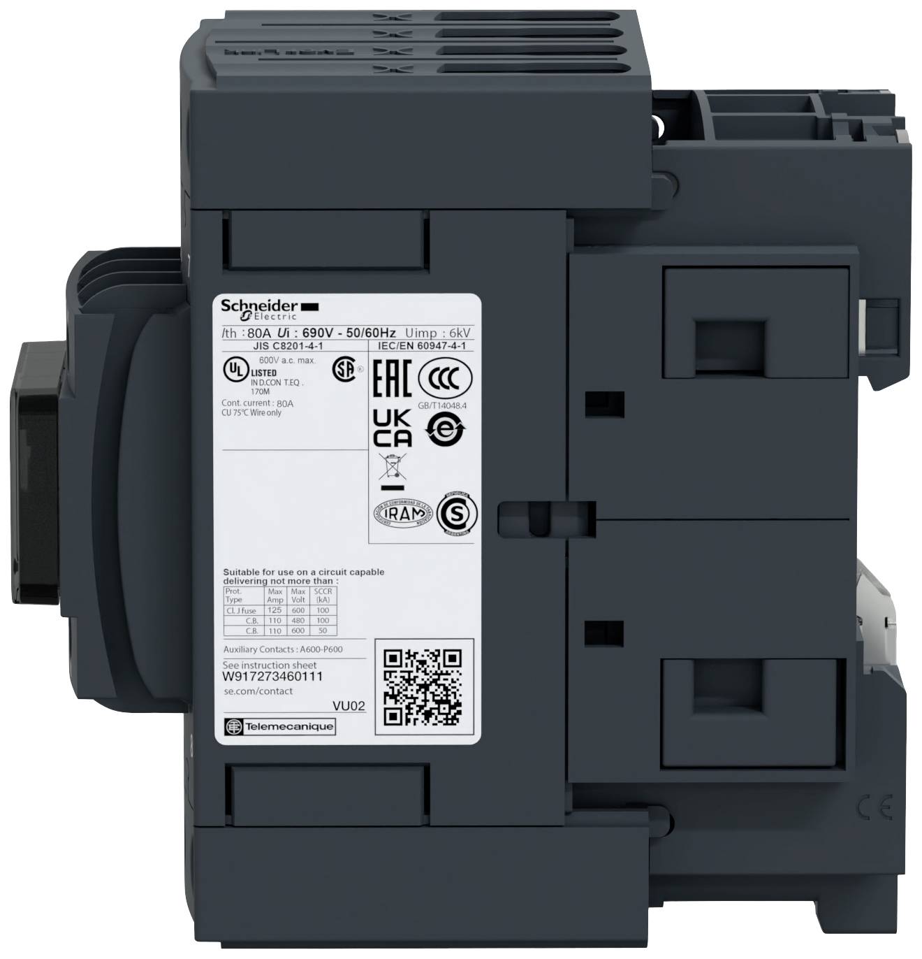 Ein elektrisches Schaltgerät von Schneider Electric, das Daten zur Spannung und Stromstärke auf einem Etikett an der Seite zeigt.