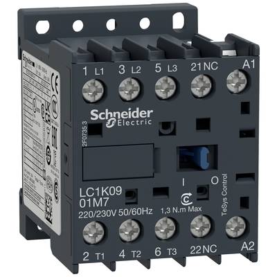 Ein Schütz von Schneider Electric, Modell LC1K09. Es hat mehrere Klemmen für elektrische Verbindungen und eine blaue Steueranzeige.