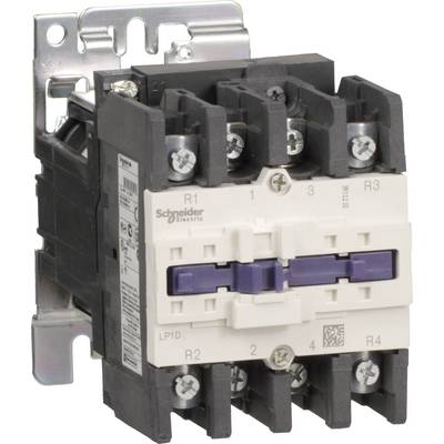 'Schütz von Schneider Electric, Modellreihe R1. Schwarzes Gehäuse mit weißen und lila Elementen, montiert auf Metallhalterung.'