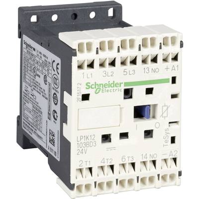 Ein weißer elektrischer Schütz von Schneider Electric mit mehreren Anschlussklemmen und technischen Spezifikationen auf der Seite.