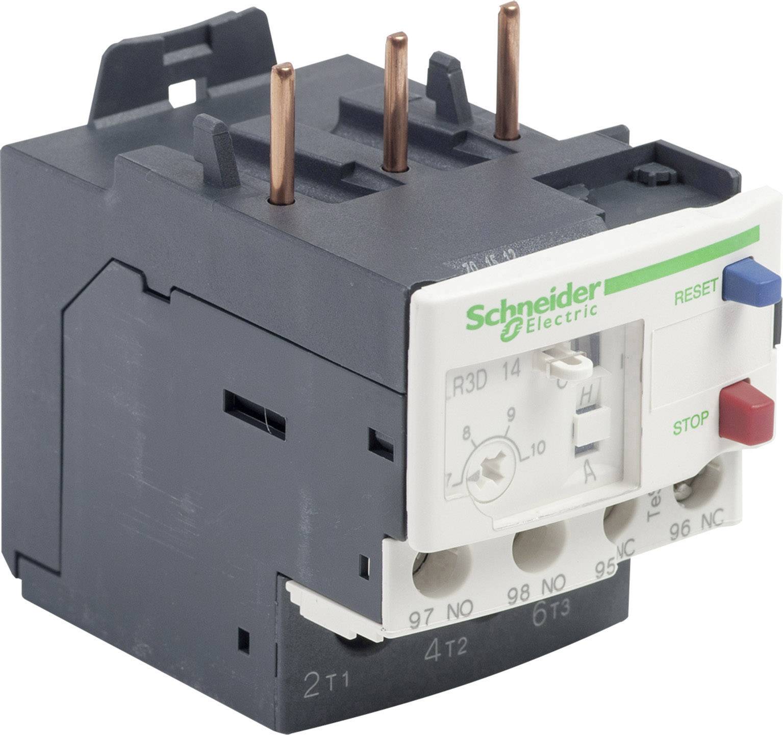 Relais von Schneider Electric mit den Aufschriften 'RESET' und 'STOP', zeigt Anschlüsse und Bedienelemente.用途: Schutz in elektrischen Schaltungen.