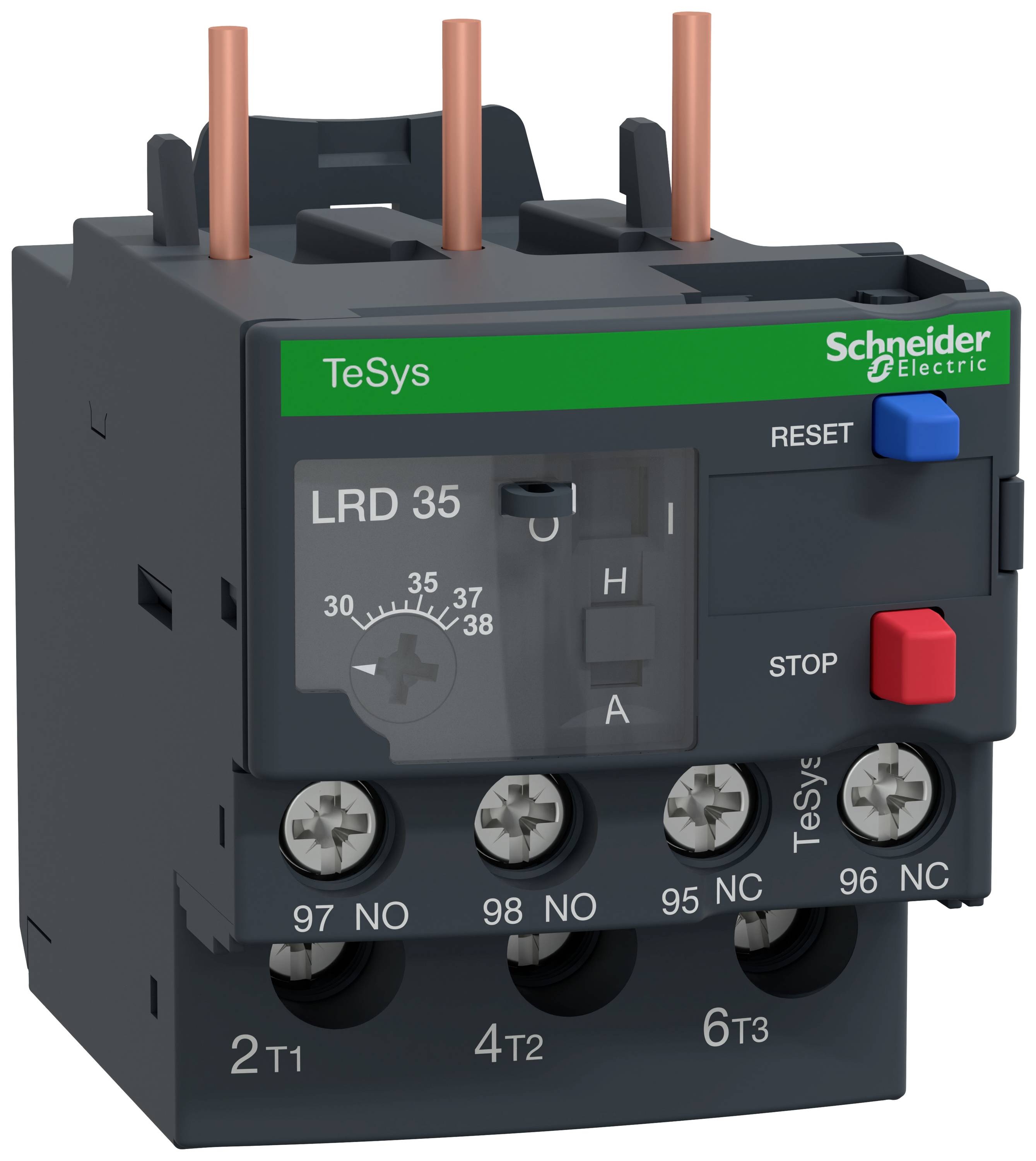 'Sicherheitsrelais Schneider Electric TeSys LRD35. Zeigt Ein/Aus-Schalter, Reset-Taste und Anschlussklemmen.'