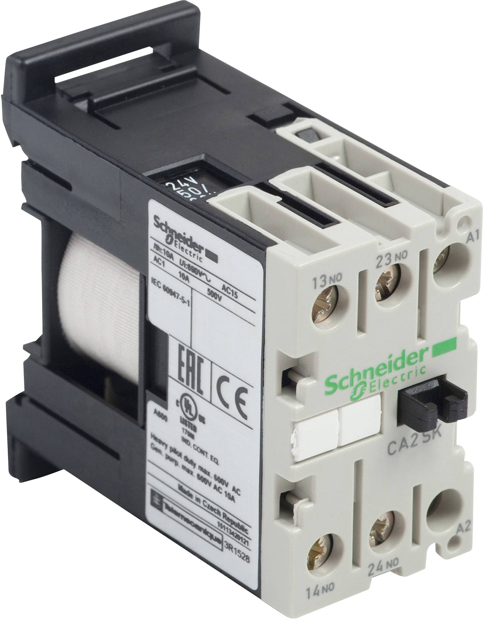 Ein elektrisches Schütz von Schneider Electric, Modell CA2SK, dargestellt in einem Winkel, der die Anschlüsse und Markenkennzeichnung zeigt.