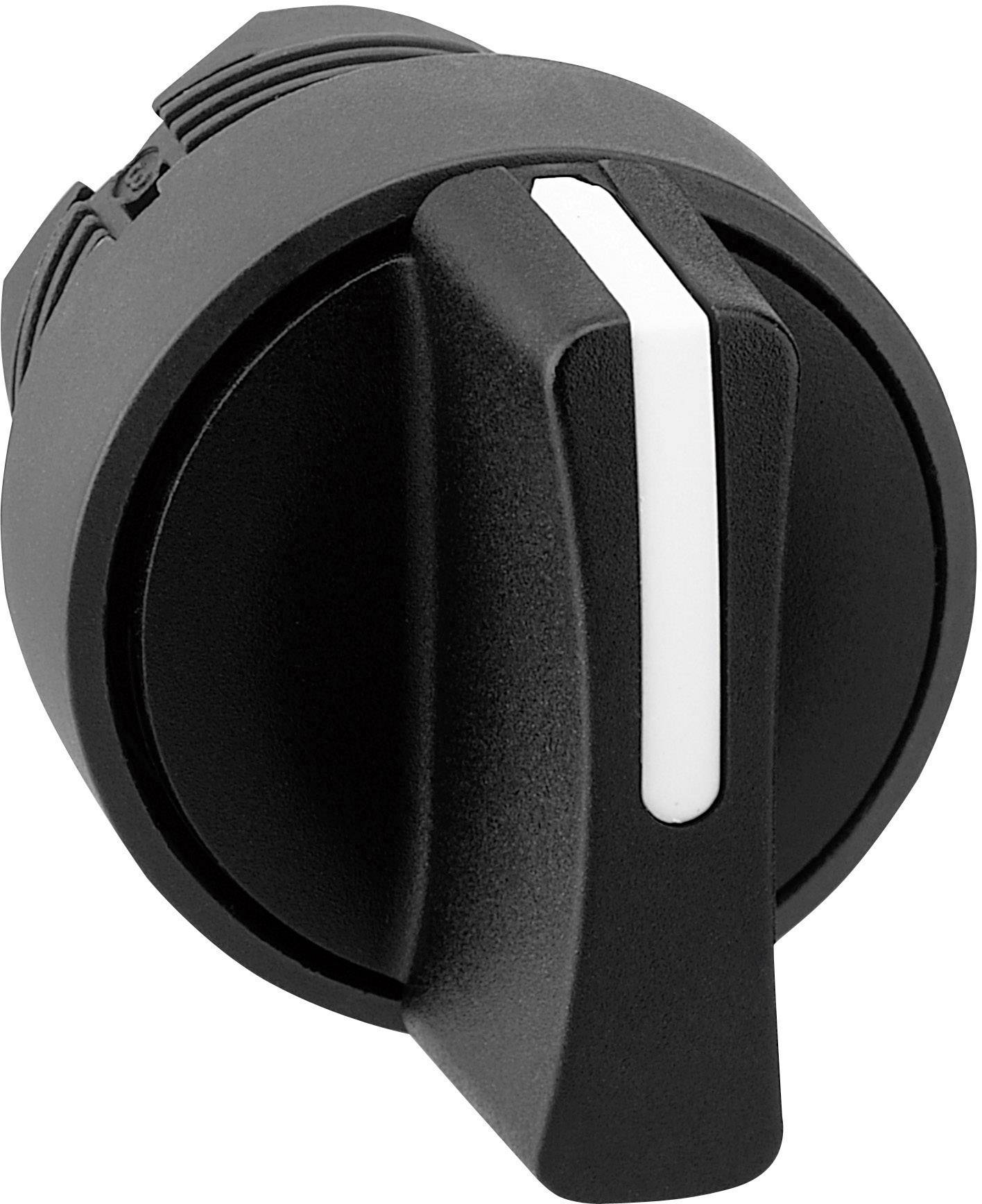 Schwarzer Drehknopf mit weißer Markierung für Einstellungen an Geräten, zeigt eine Position.