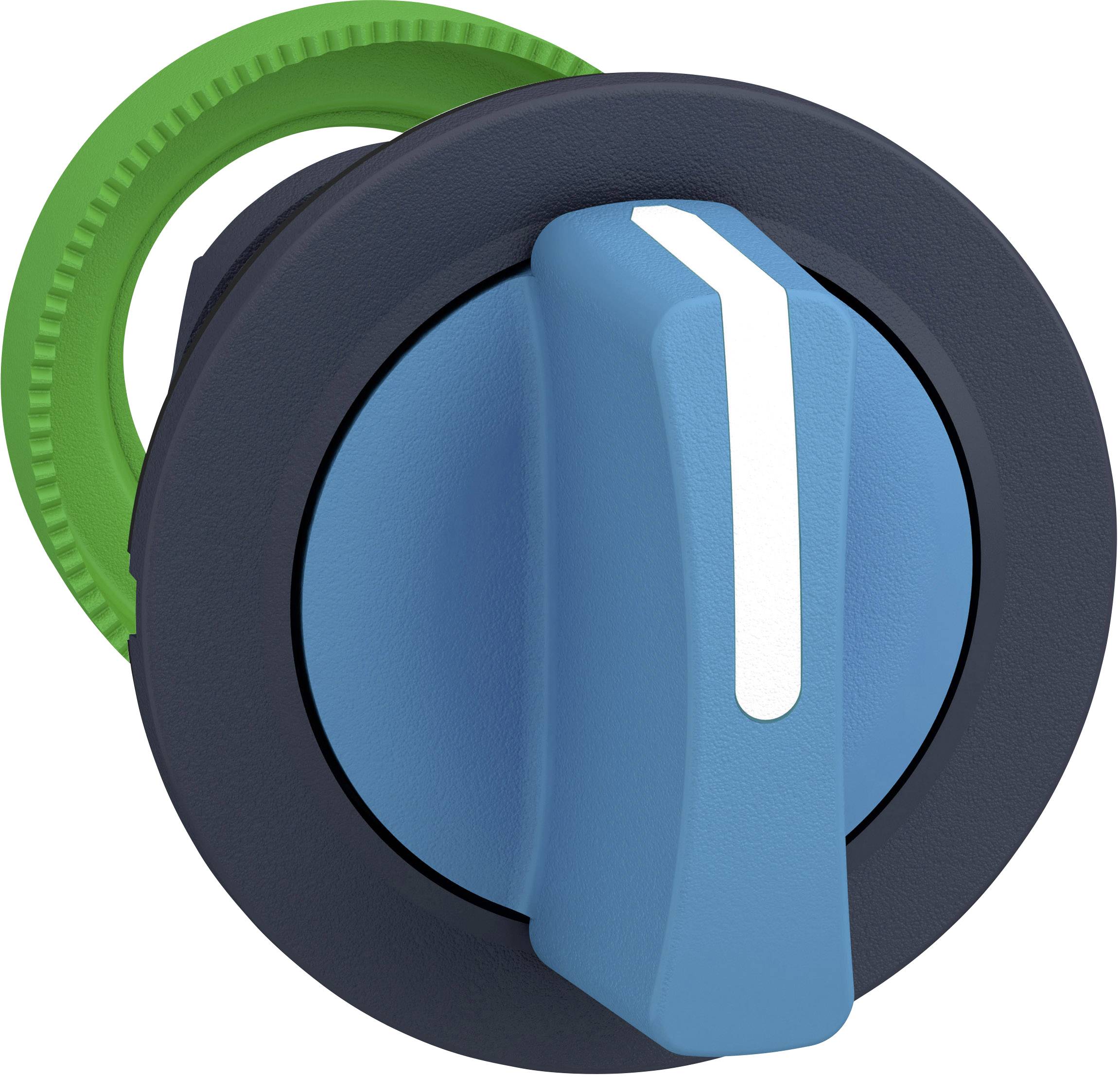 Ein blauer Drehschalter mit einer weißen Markierung, umgeben von einem dunkelgrauen Ring und einem grünen Zahnkranz auf der Rückseite.