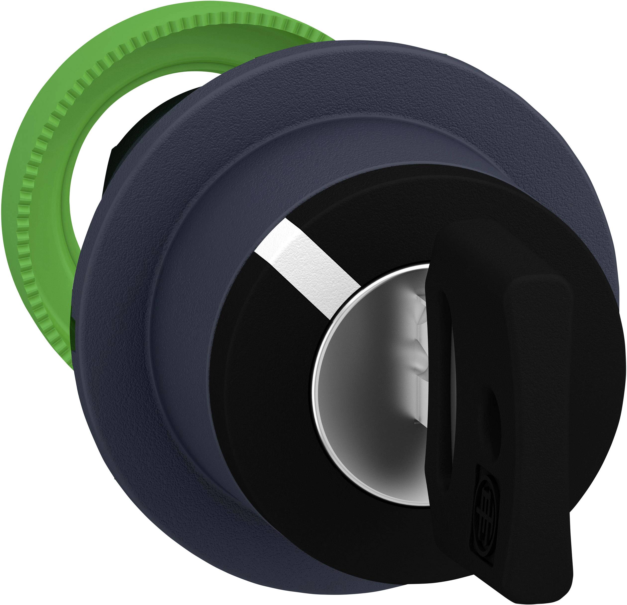 Ein schwarzer Drehschalter mit einem grünen Ring an der Rückseite, geeignet für mechanische oder elektrische Steuerungssysteme.