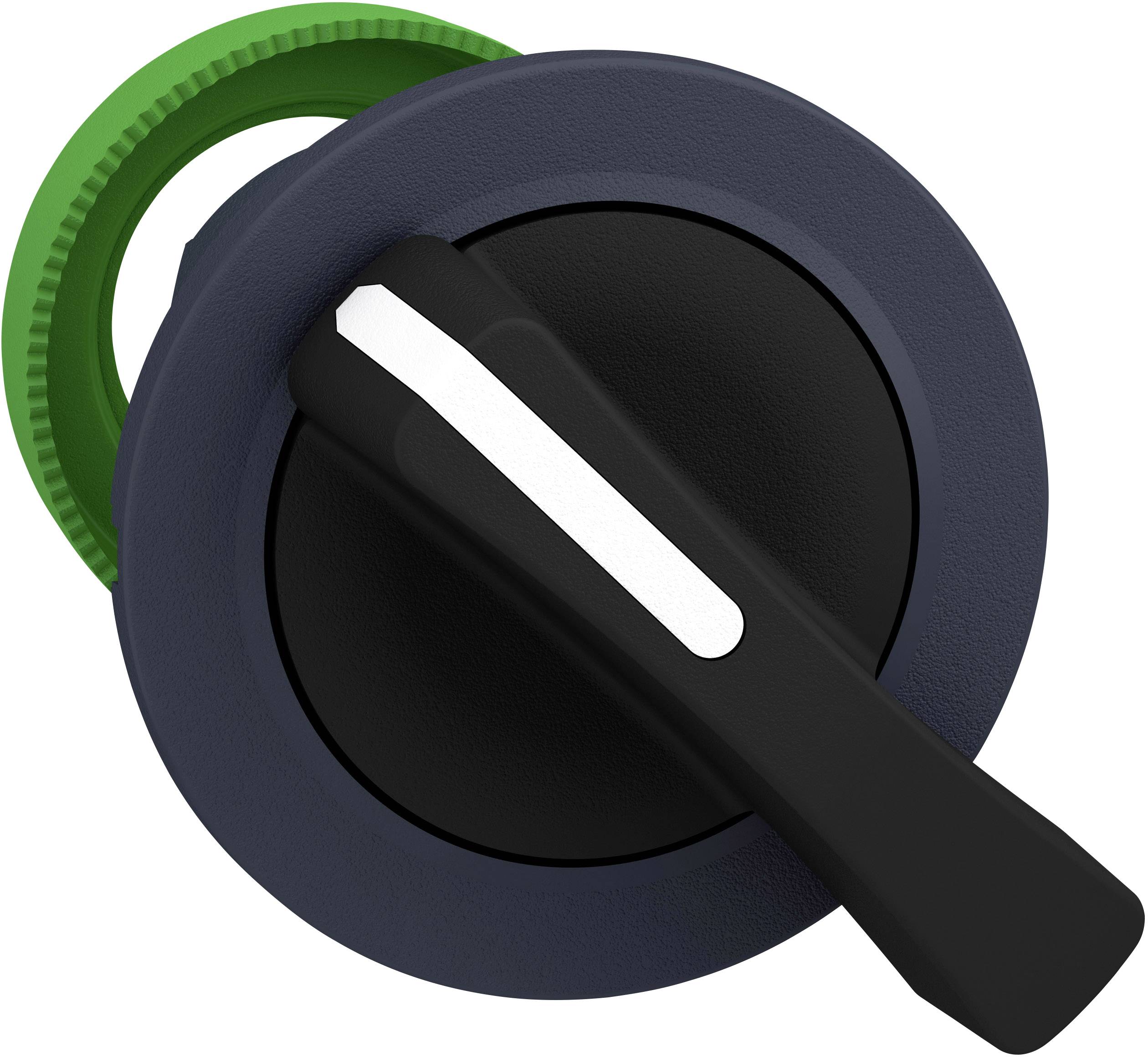 Ein schwarzer Drehschalter mit grünem Zahnradrand in der Mitte. Der Schaltergriff zeigt nach rechts.