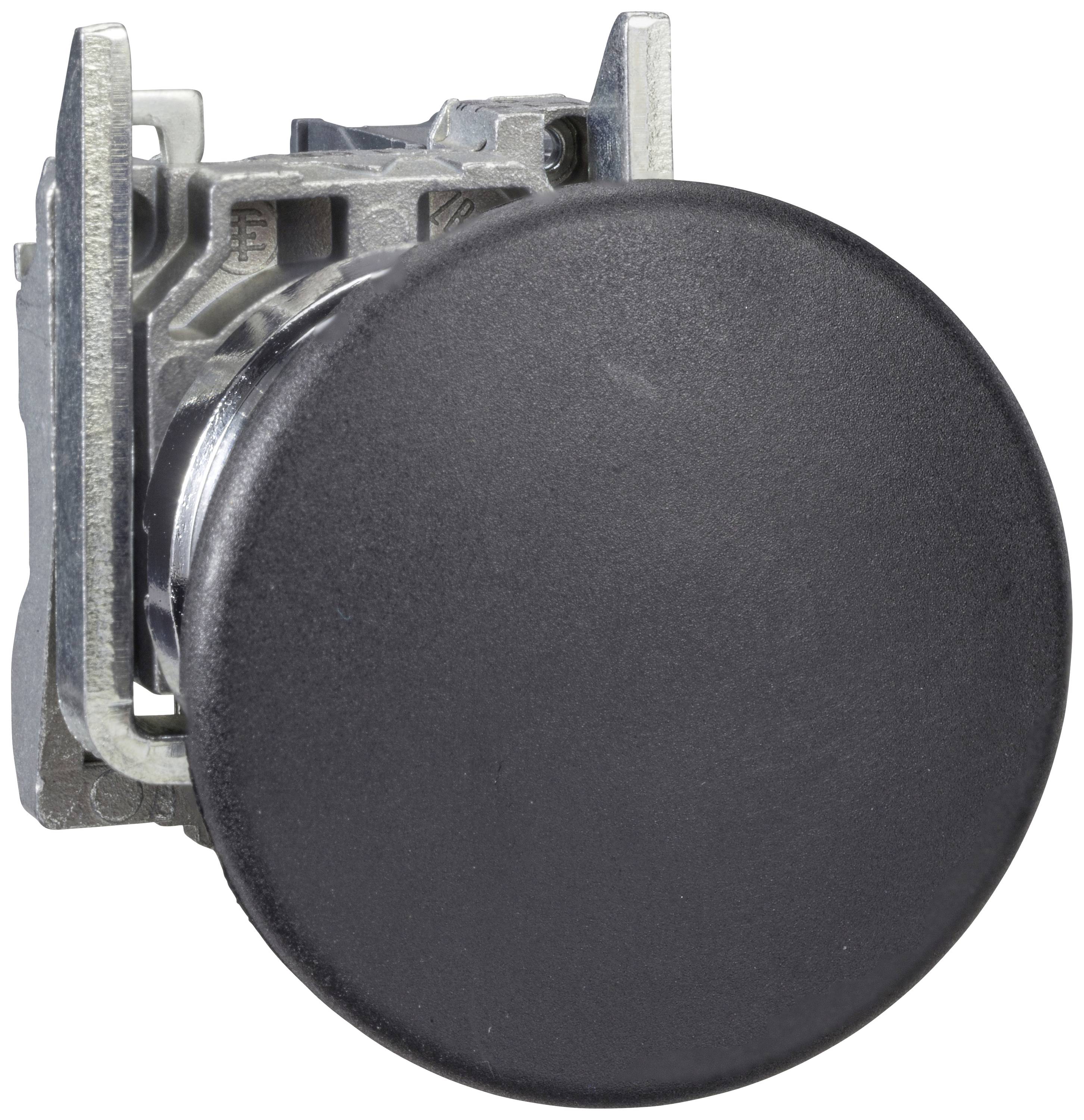 Schwarzer runder Druckknopf mit Metallhalterung; passend für industrielle Steuerungssysteme.