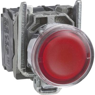 Roter Druckknopf in einer Metalleinfassung, oft verwendet in Maschinensteuerungen für Not-Aus-Funktionen.