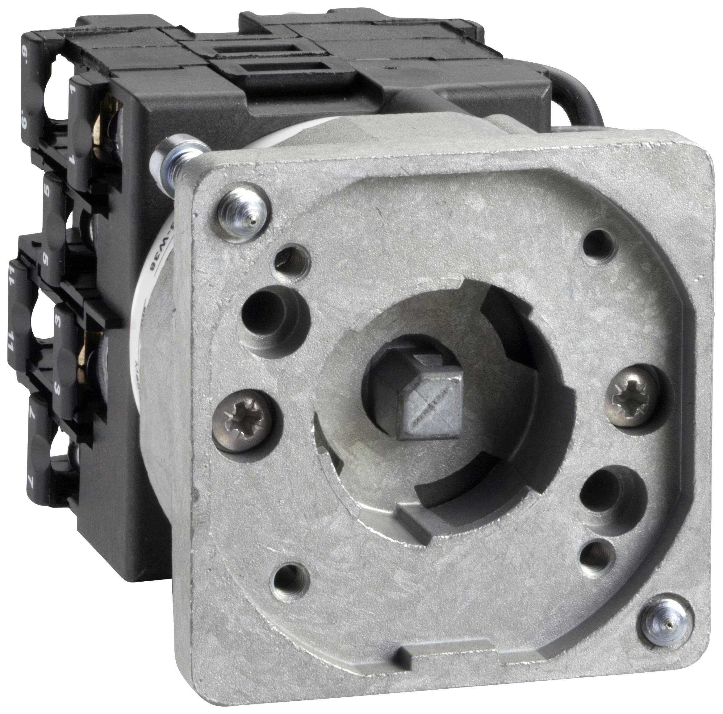 Ein quadratischer Metallflansch mit mehreren Schraubenlöchern und schwarzer Technikeinheit, vermutlich ein elektrischer Schalter.