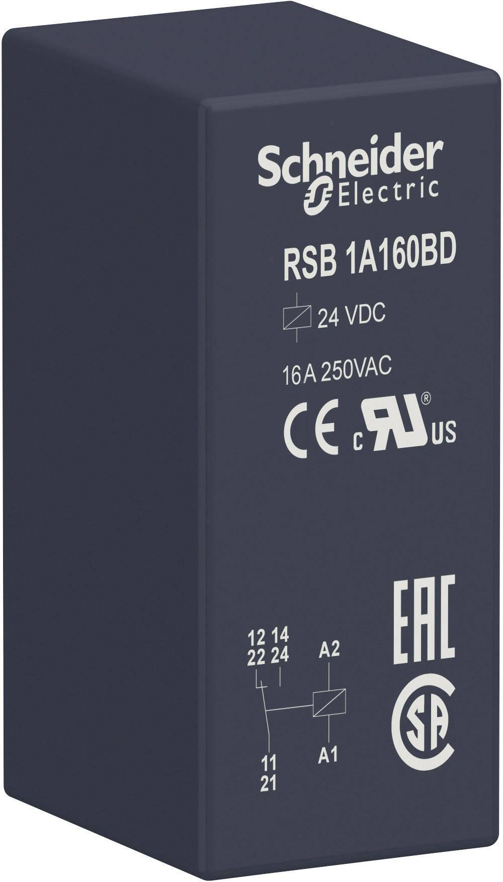 Ein rechteckiges elektrisches Relais von Schneider Electric, Modell RSB 1A160BD, geeignet für 24 VDC und 16A 250VAC.