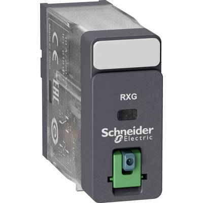 Ein graues, elektronisches Relais von Schneider Electric mit Beschriftung 'RXG', einem grünen Schalter und CE-Kennzeichnung.