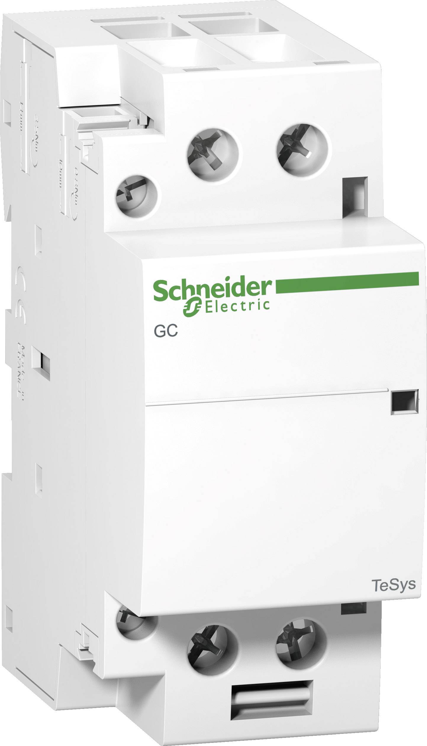 Ein weißer elektrischer Schalter, gekennzeichnet mit 'Schneider Electric', Modell 'TeSys GC', mit drei Schraubanschlüssen.