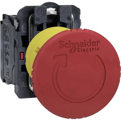 Ein großer roter Not-Aus-Schalter von Schneider Electric, mit einem Kreispfeilsymbol, montiert auf einer schwarzen Basis.