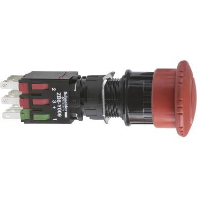 Ein roter Not-Aus-Schalter von Schneider Electric mit mehreren elektrischen Anschlüssen auf der Rückseite, zur Sicherheitsabschaltung.