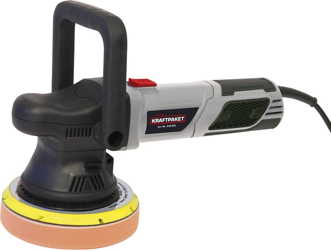 Elektrische Exzenterschleifmaschine mit schwarzem Griff, rot-schwarzem Gehäuse und rundem Schleifteller.
