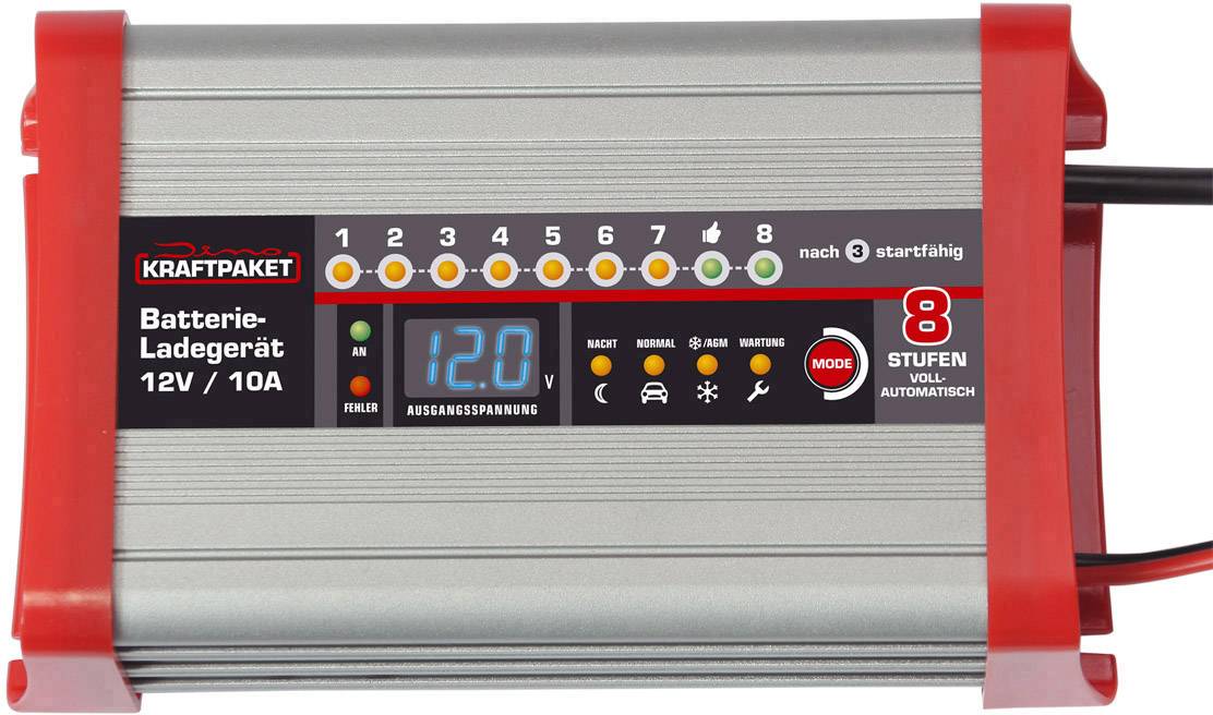 Ladegerät zur automatischen Batterieladung, zeigt 12,0V Ausgangsspannung, acht Stufen, LED-Anzeigen für Spannung und Modi.