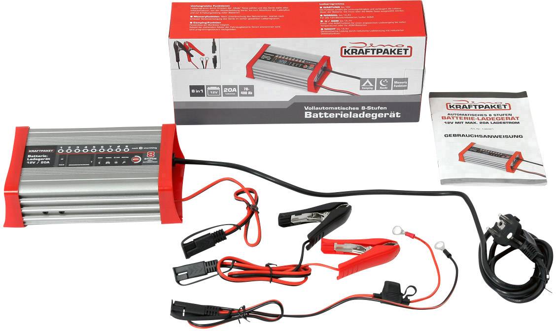 Dino KRAFTPAKET KFZ Batterieladegerät 20A-12V mit Camping-, Nacht-und Memory-Speicher 136320 Automatikladegerät 12V 20A