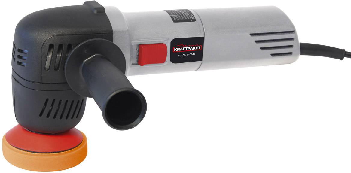 Eine elektrische Poliermaschine mit schwarzem Griff und orangener Polierscheibe, geeignet zum Glätten und Polieren von Oberflächen.