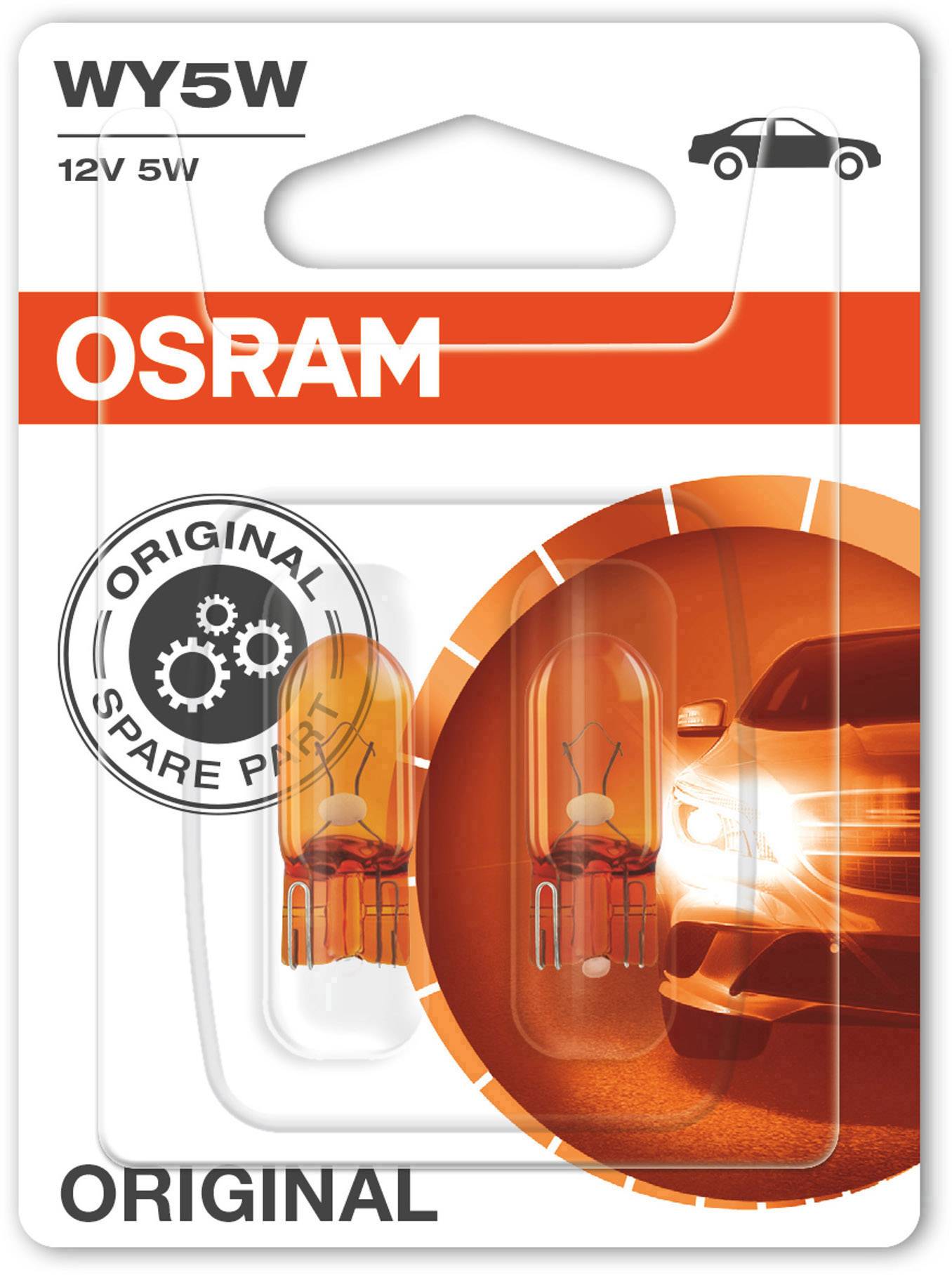 'OSRAM WY5W Glühlampe 12V 5W' Verpackung, zeigt zwei orangefarbene Glühlampen für Autoscheinwerfer. Rechte Seite: leuchtendes Auto.