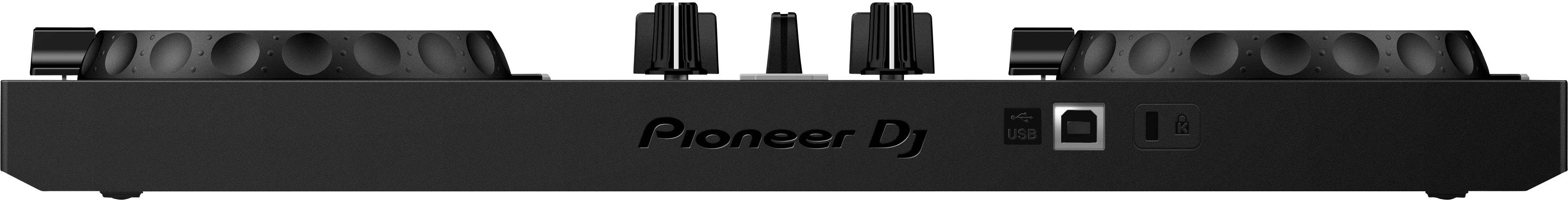 Schwarzer DJ-Controller von Pioneer DJ mit zwei Jogwheels und verschiedenen Reglern, seitliche Ansicht.