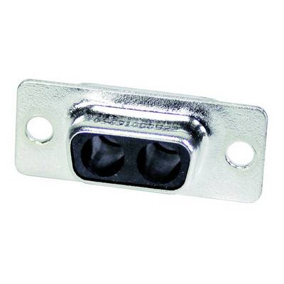 Ein rechteckiger Metallstecker mit zwei runden Steckplätzen und zwei Löchern zur Befestigung, vermutlich für elektrische Verbindungen.