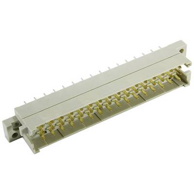 Ein grauer elektrischer Steckverbinder mit goldenen Kontaktstiften, horizontal orientiert, vor einem neutralen Hintergrund.
