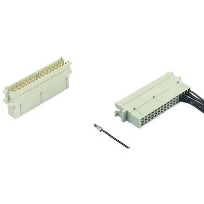 Zwei Steckverbinder mit zahlreichen Pins, einer stehend, der andere liegend. Ein einzelnes Kabel ist an den liegenden Verbinder angeschlossen.