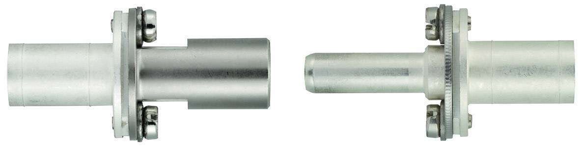Zwei metallische Rohrkupplungen nebeneinander, jeweils mit vier Bolzen befestigt. Rechts eine kleinere, links eine größere Kupplung.